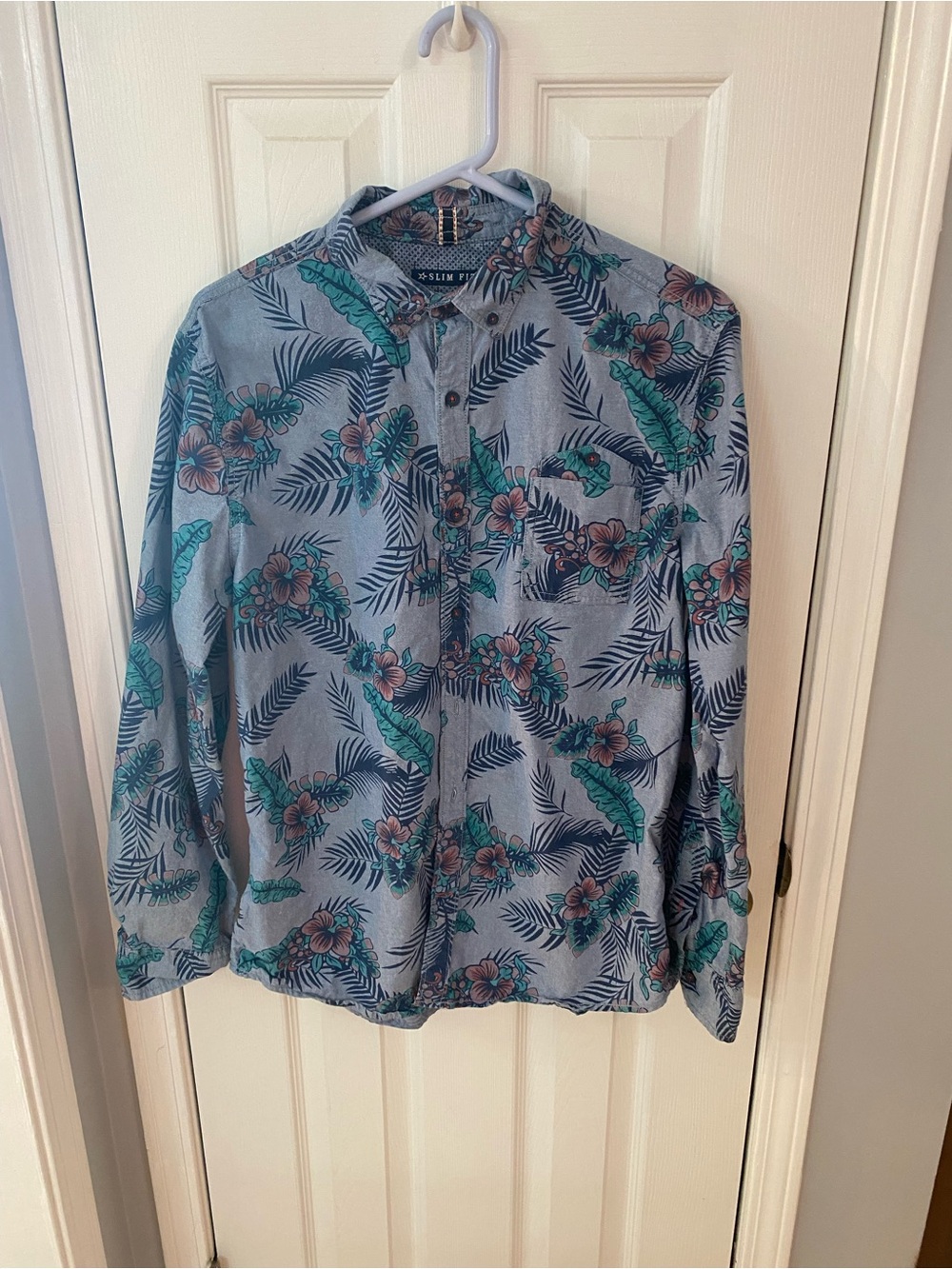 Raw Yarn Industries Slim Fit Tropical Hawaiian Floral Men's Large Blue Palm